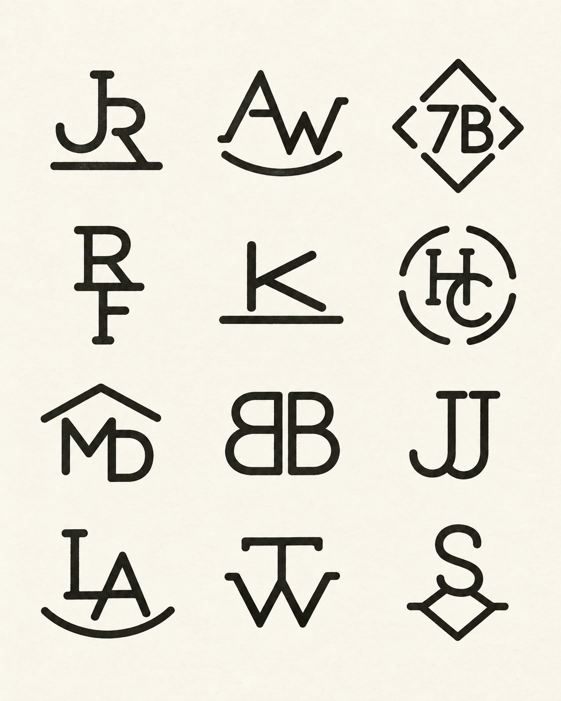 Twelve cattle brand examples combining initials with bars, rockers, diamonds and circles
